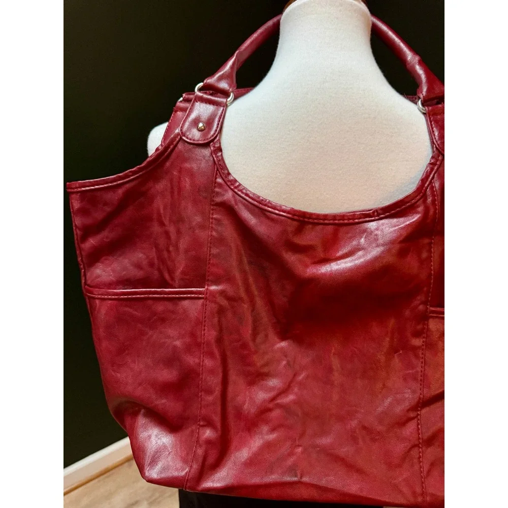 Red Faux Leather Tote Bag Shoulder Purse Hobo Style‎